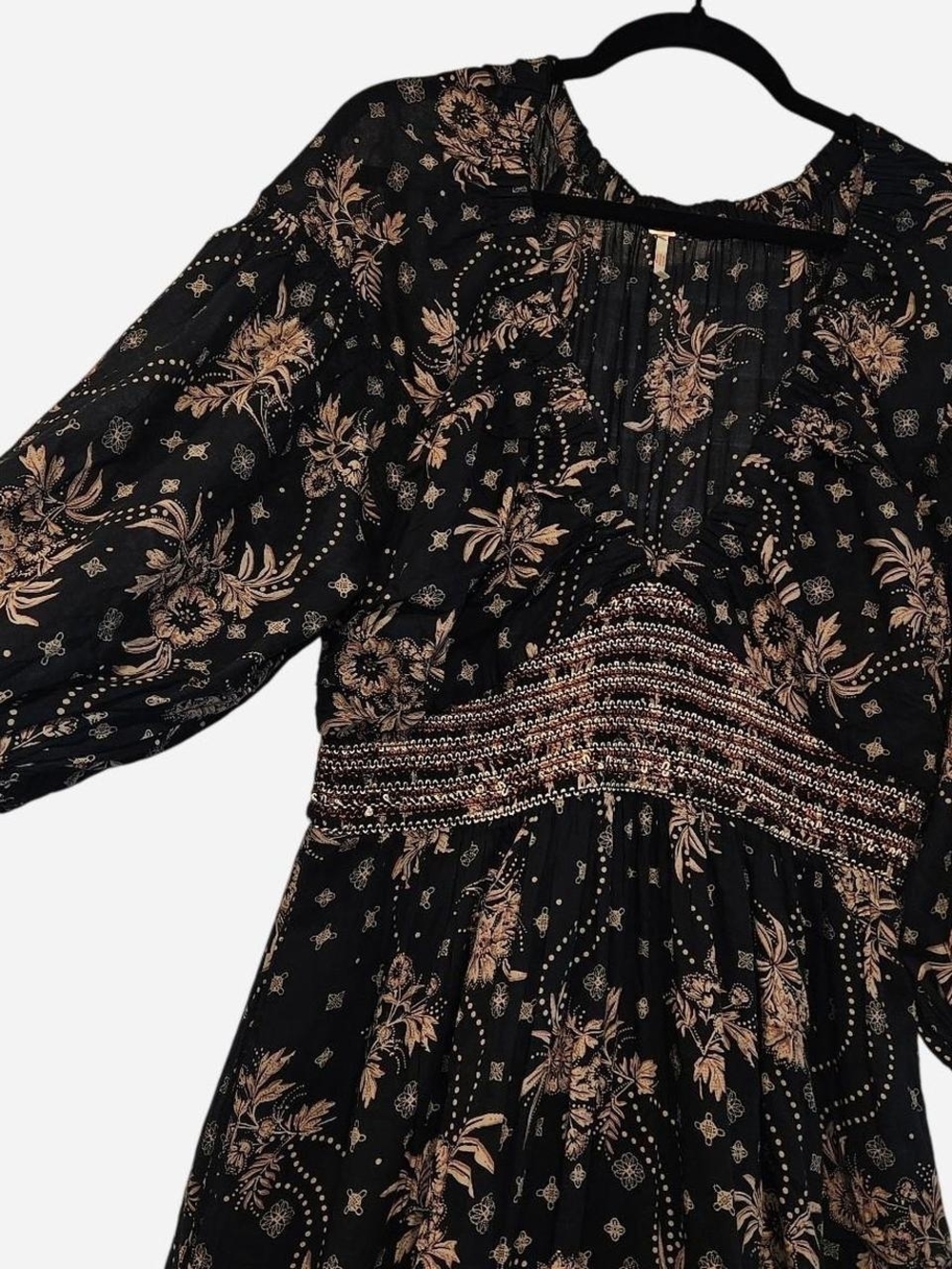 Free People Black Maxi Dress Boho Floral Print Smocked Waistline & Pockets-Large - Picture 7 of 7